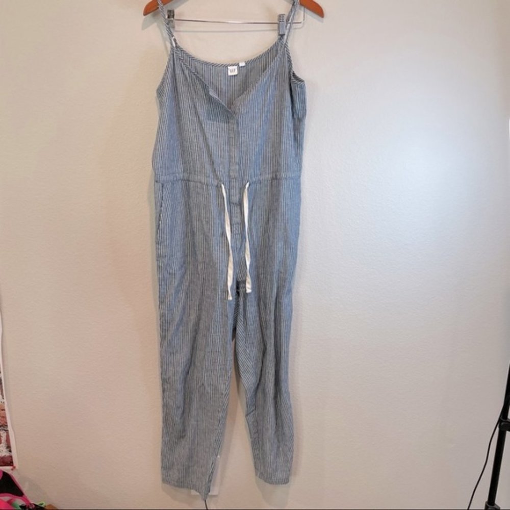 Gap Blue & White Striped Spaghetti Strap Linen Blend Jumpsuit